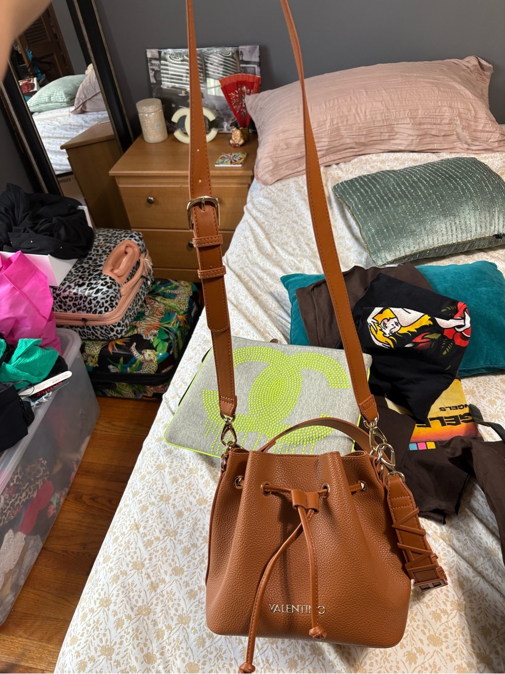 Valentino Tan Brown Pebbled Leather Drawstring Bucket Bag